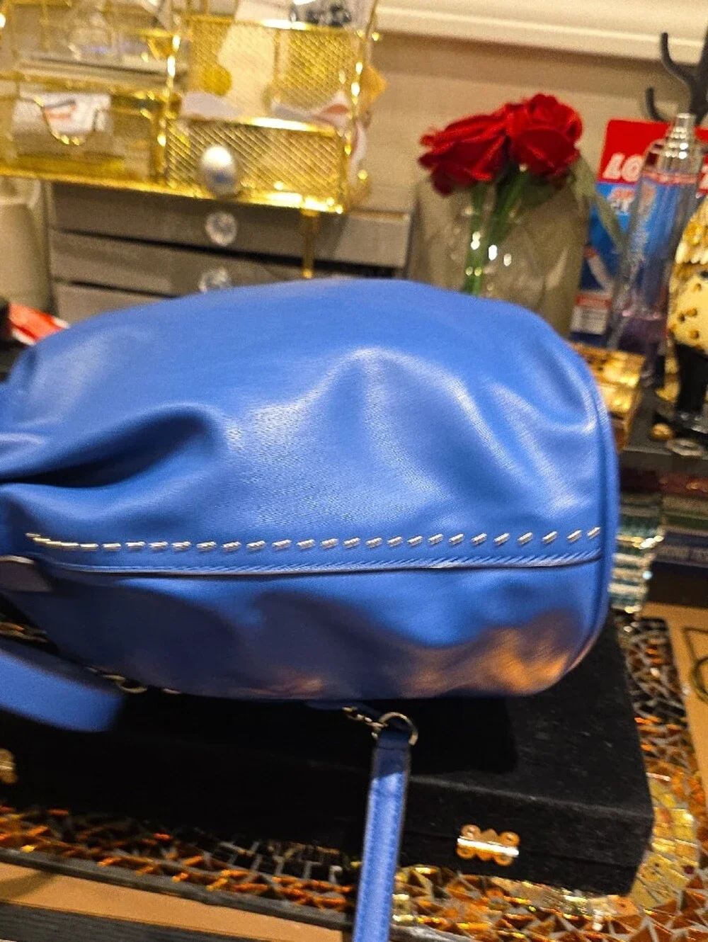 GUESS Royal Blue Drawstring Bucket Bag with Tassel
